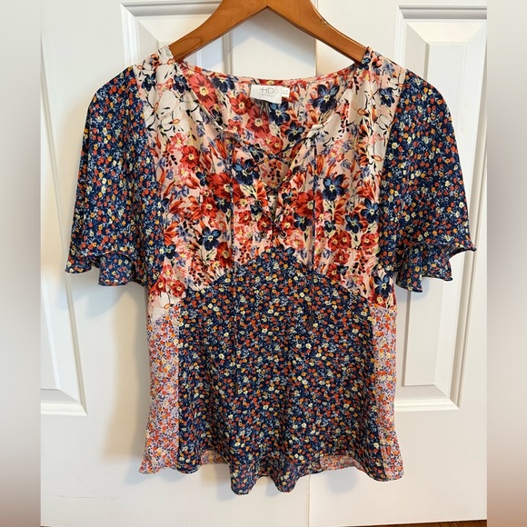 HD in Paris Anthropologie Mixed Floral Print Tunic Tie Front Palo Alto Blouse - Picture 4 of 12